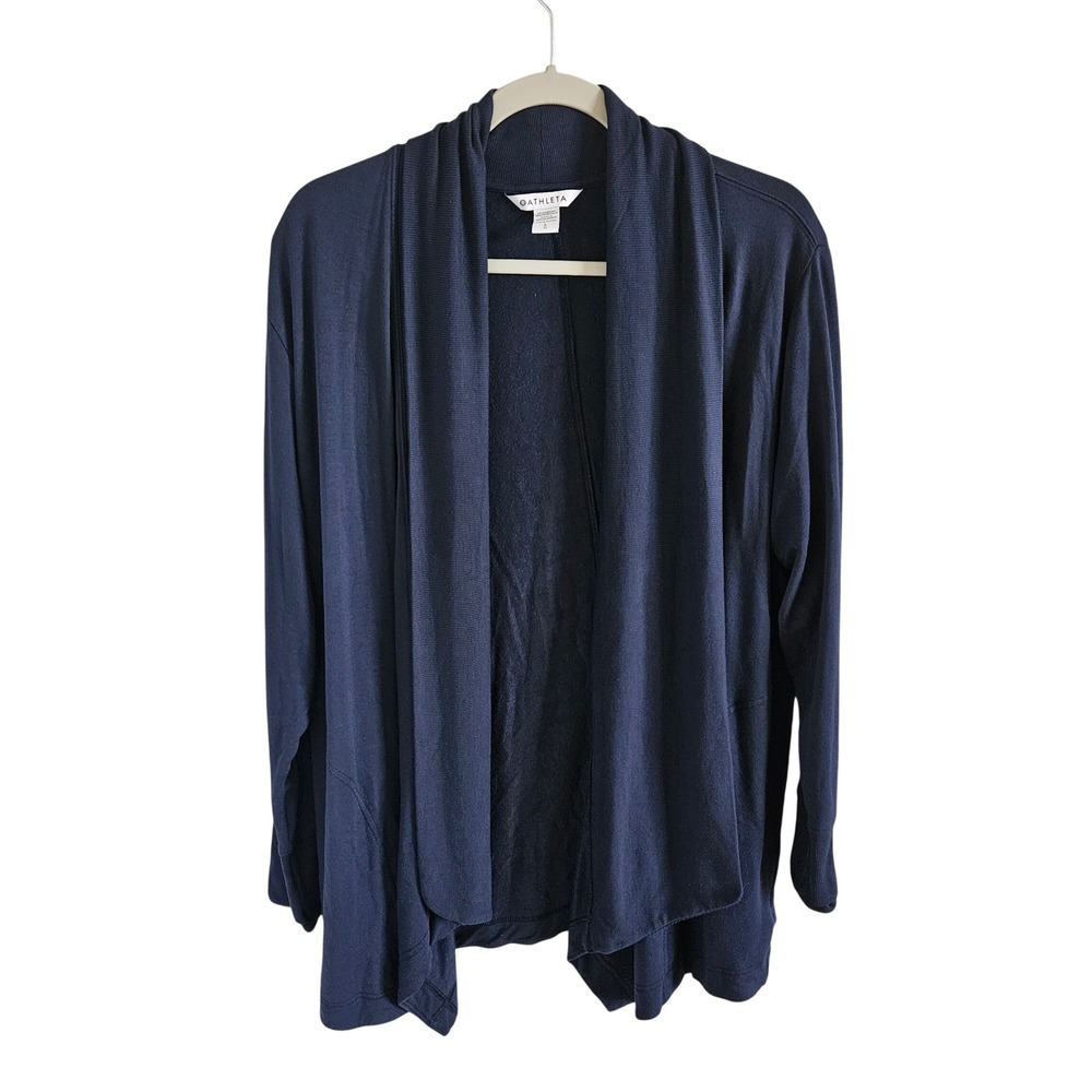 Athleta Pranayama Wrap Navy Blue Open Front Draped Cardigan Pockets Large